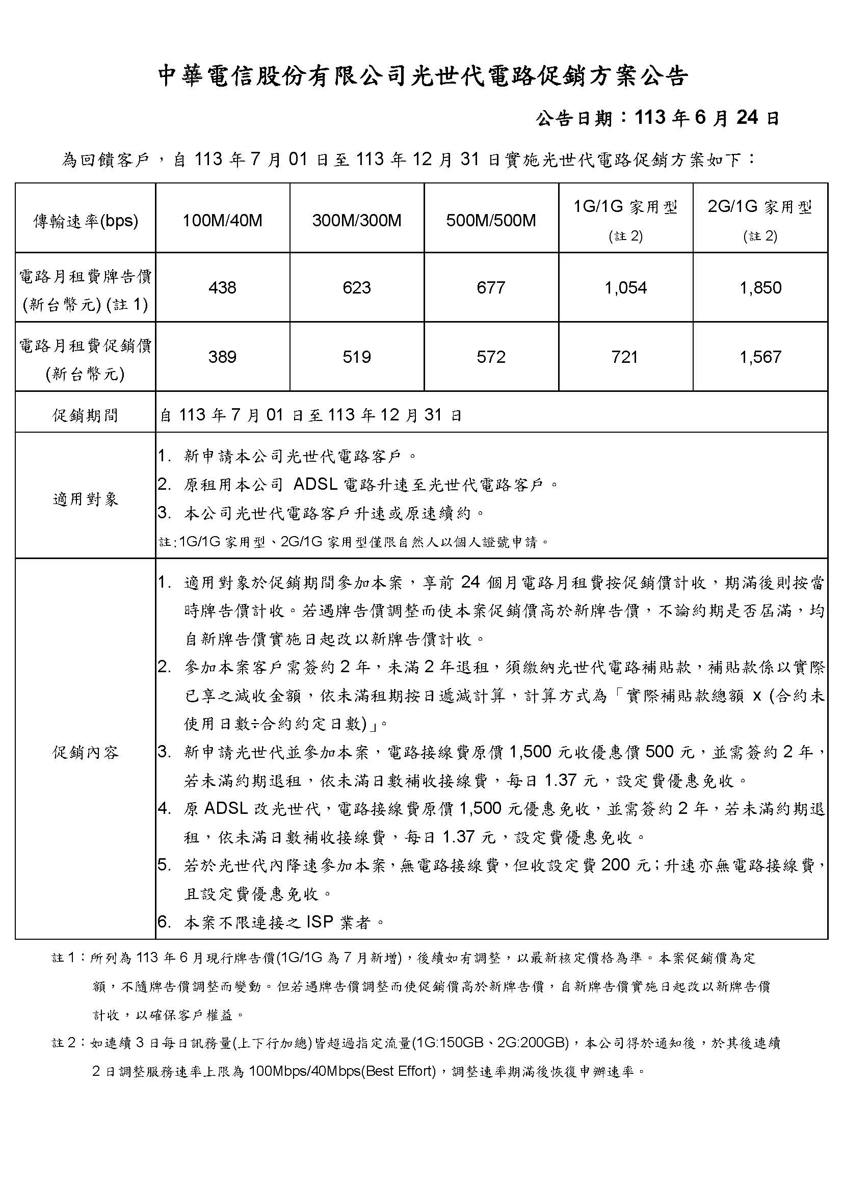 中華電信股份有限公司光世代電路促銷方案公告